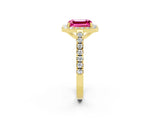 Yellow gold Emerald Cut Halo Diamond Ring with Pavé Band and Three-Prong Setting_2