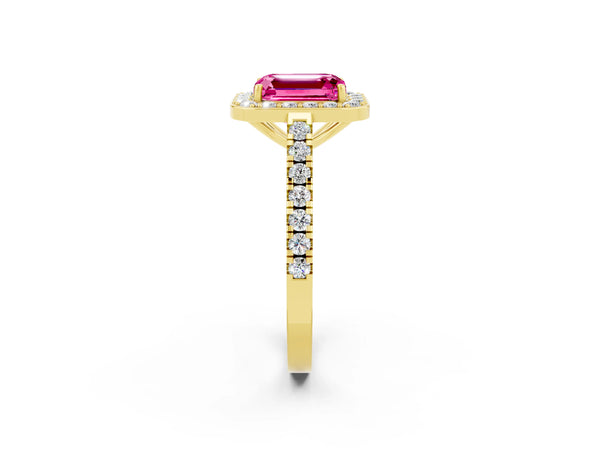 Yellow gold Emerald Cut Pink Sapphire Halo Ring with Round Pavé Split Shank and Prong Setting