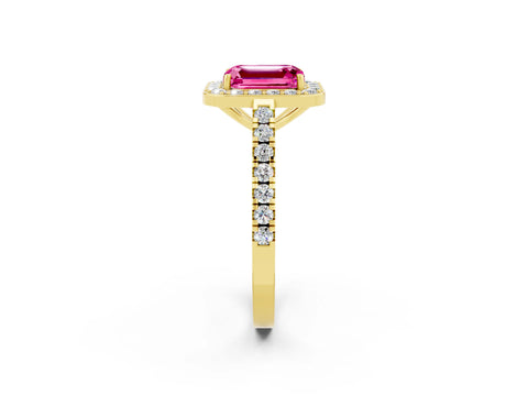 Yellow gold Emerald Cut Halo Diamond Ring with Pavé Band and Three-Prong Setting_2