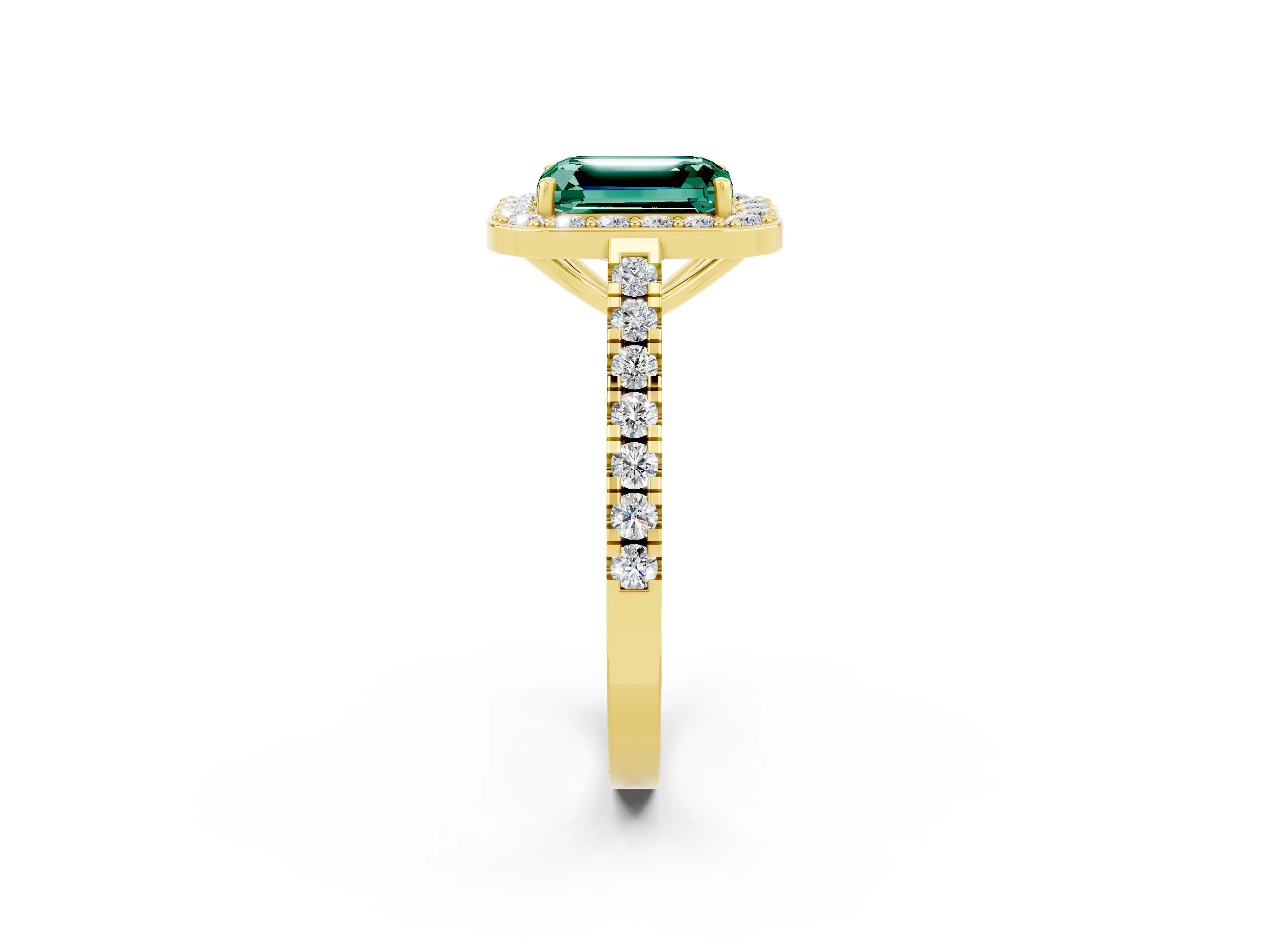 Yellow gold Emerald Cut Halo Diamond Ring with Pavé Band and Three-Prong Setting_2