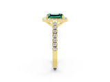 Yellow gold Emerald Cut Halo Diamond Ring with Pavé Band and Three-Prong Setting_2