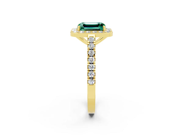 Yellow gold Emerald Cut Green Sapphire Halo Ring with Round Pavé Split Shank and Prong Setting