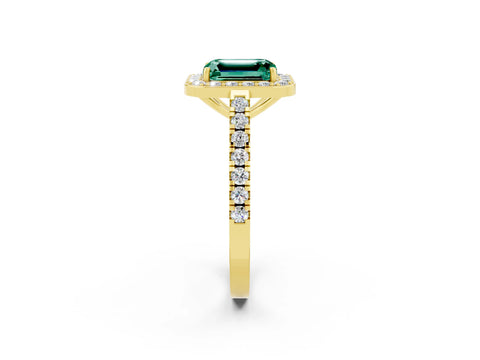 Yellow gold Emerald Cut Halo Diamond Ring with Pavé Band and Three-Prong Setting_2