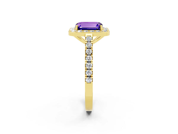 Yellow gold Emerald Cut Tanzanite Halo Ring with Round Pavé Split Shank and Prong Setting