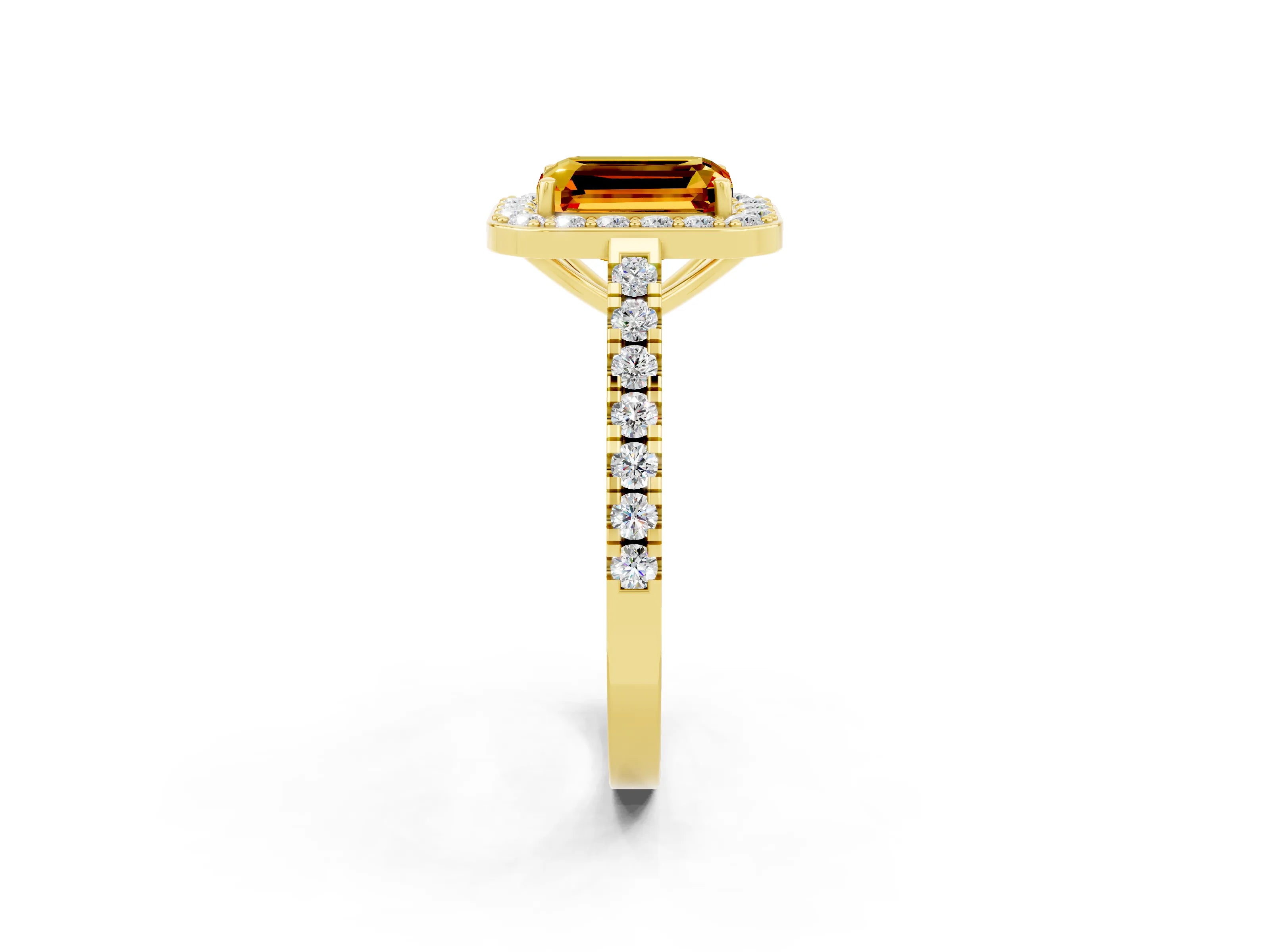 Yellow gold Emerald Cut Halo Diamond Ring with Pavé Band and Three-Prong Setting_2