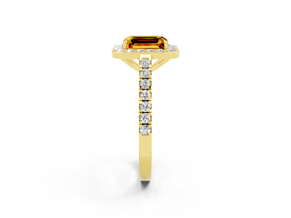 Yellow gold Emerald Cut Citrine Halo Ring with Round Pavé Split Shank and Prong Setting
