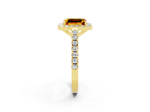 Yellow gold Emerald Cut Halo Diamond Ring with Pavé Band and Three-Prong Setting_2