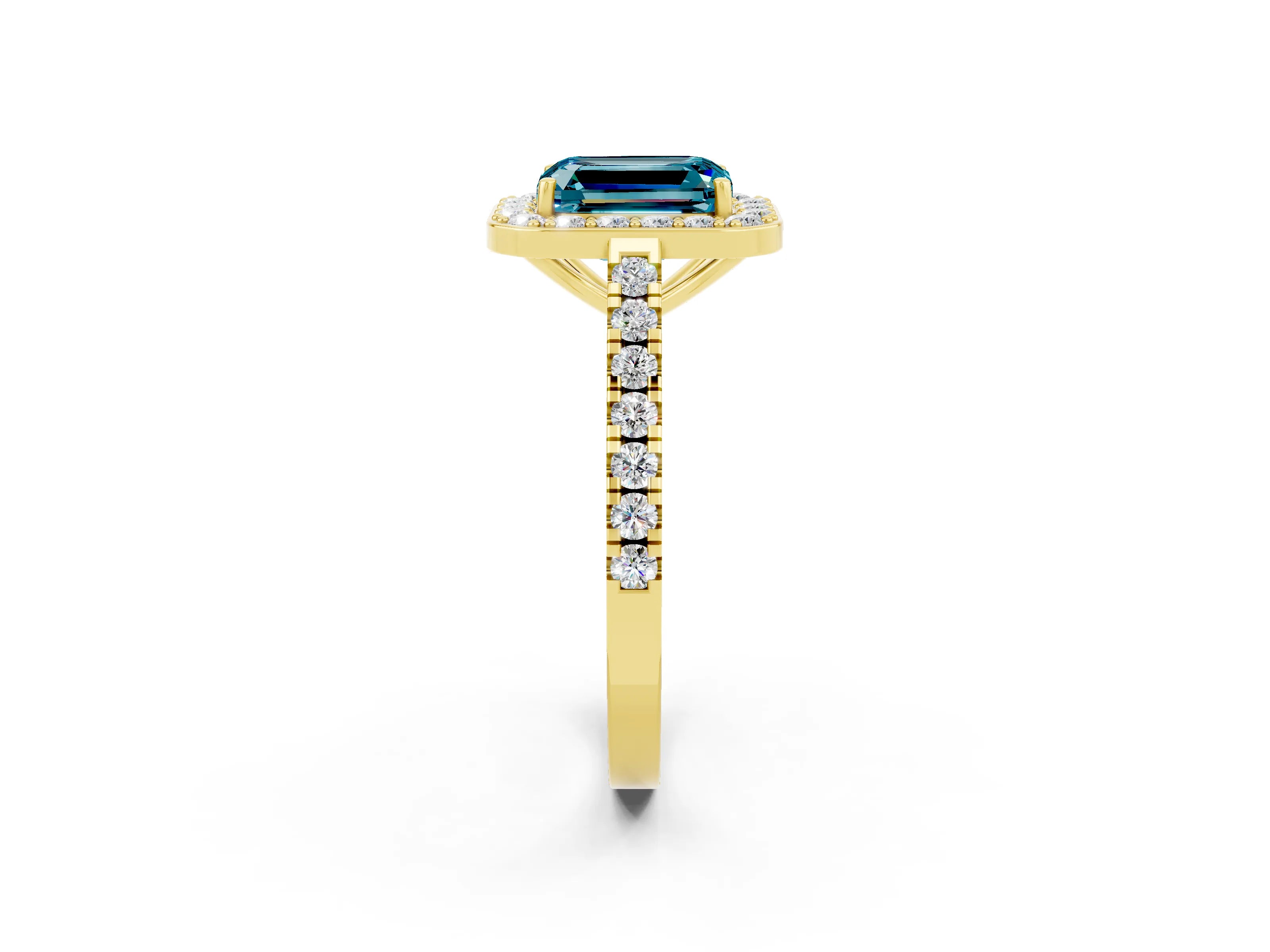 Yellow gold Emerald Cut Halo Diamond Ring with Pavé Band and Three-Prong Setting_2