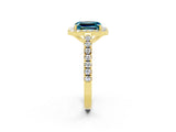 Yellow gold Emerald Cut Halo Diamond Ring with Pavé Band and Three-Prong Setting_2