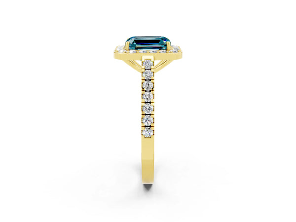Yellow gold Emerald Cut Halo Diamond Ring with Pavé Band and Three-Prong Setting