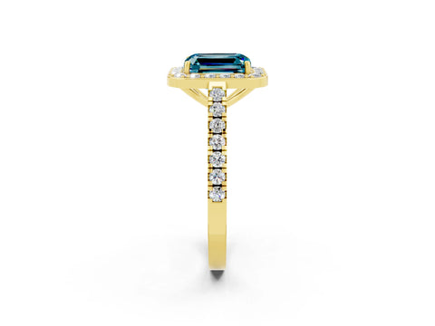 Yellow gold Emerald Cut Halo Diamond Ring with Pavé Band and Three-Prong Setting_2