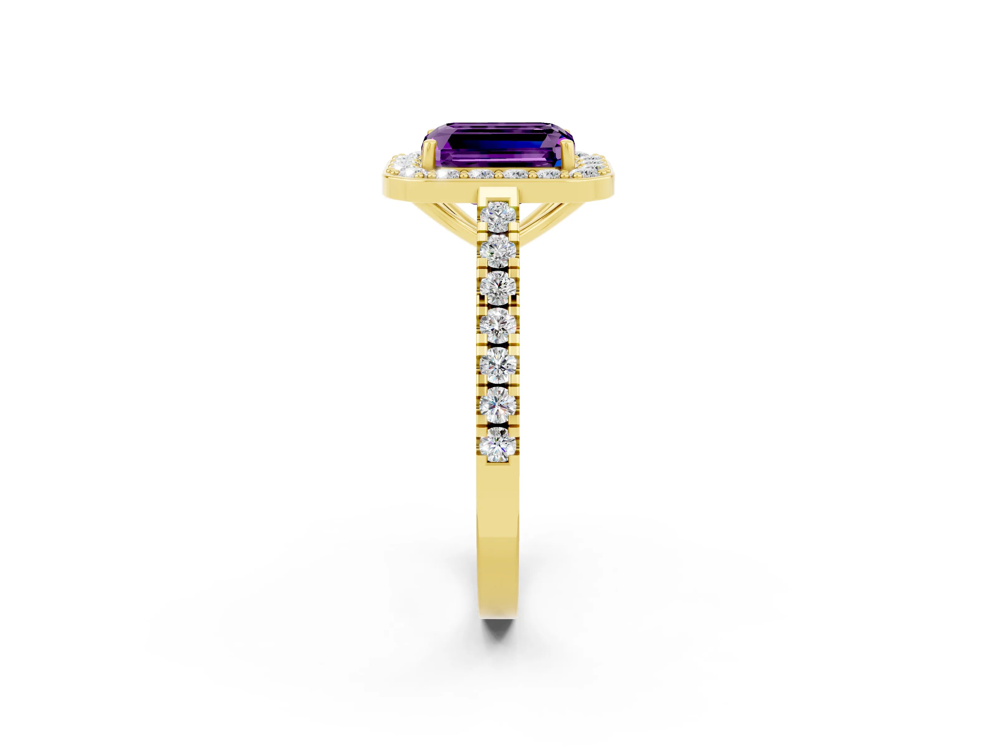 Yellow gold Emerald Cut Halo Diamond Ring with Pavé Band and Three-Prong Setting_2