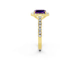 Yellow gold Emerald Cut Halo Diamond Ring with Pavé Band and Three-Prong Setting_2