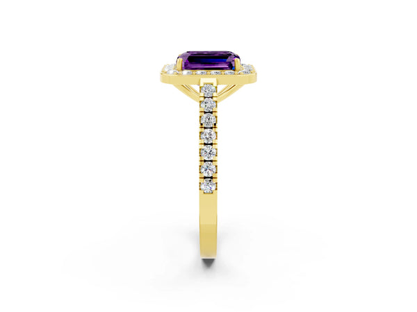 Yellow gold Emerald Cut Amethyst Halo Ring with Round Pavé Split Shank and Prong Setting