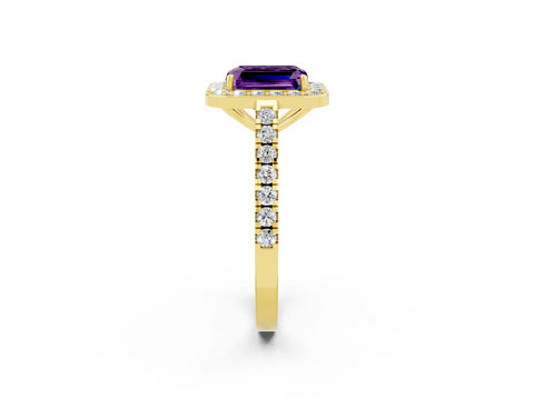 Yellow gold Emerald Cut Halo Diamond Ring with Pavé Band and Three-Prong Setting_2