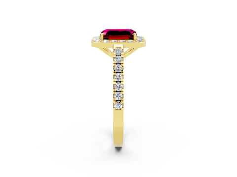 Yellow gold Emerald Cut Halo Diamond Ring with Pavé Band and Three-Prong Setting_2