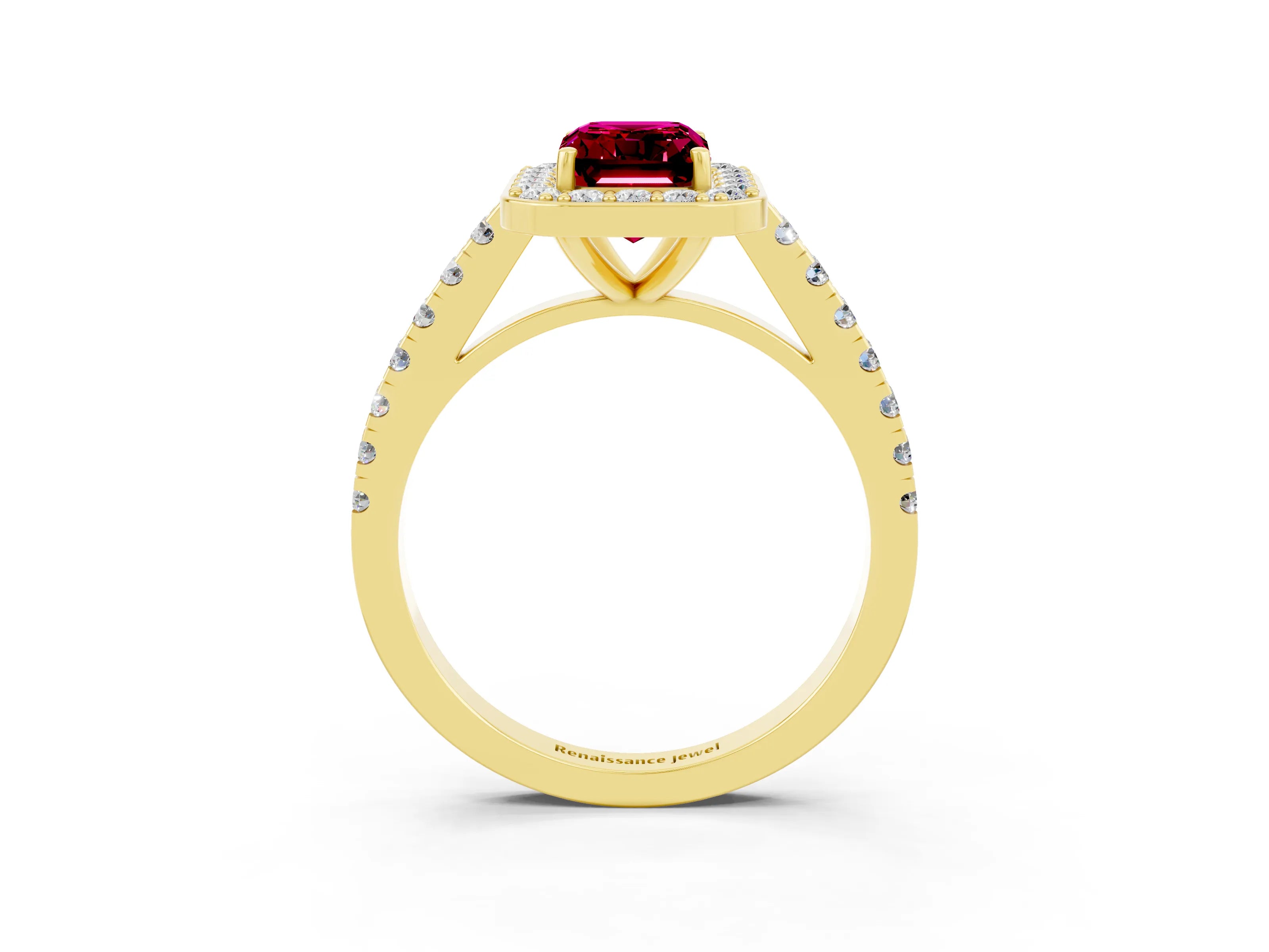 Yellow gold Emerald Cut Halo Diamond Ring with Pavé Band and Three-Prong Setting_3