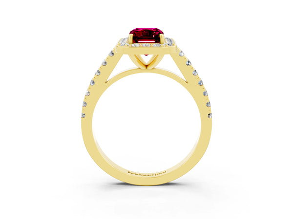 Yellow gold Emerald Cut Garnet Halo Ring with Round Pavé Split Shank and Prong Setting