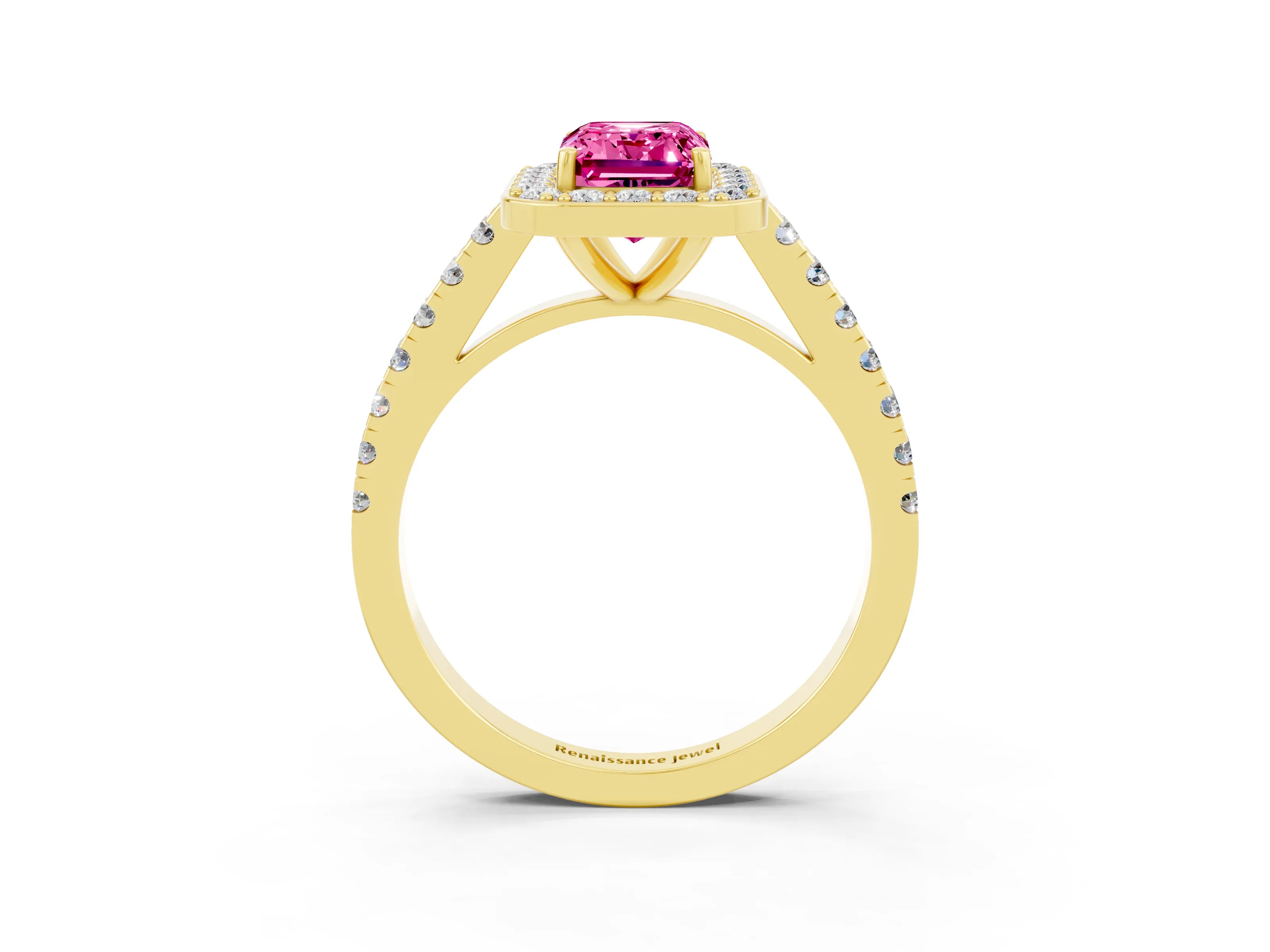 Yellow gold Emerald Cut Halo Diamond Ring with Pavé Band and Three-Prong Setting_3