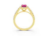 Yellow gold Emerald Cut Halo Diamond Ring with Pavé Band and Three-Prong Setting_3