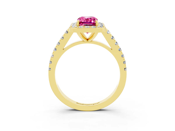 Yellow gold Emerald Cut Pink Sapphire Halo Ring with Round Pavé Split Shank and Prong Setting