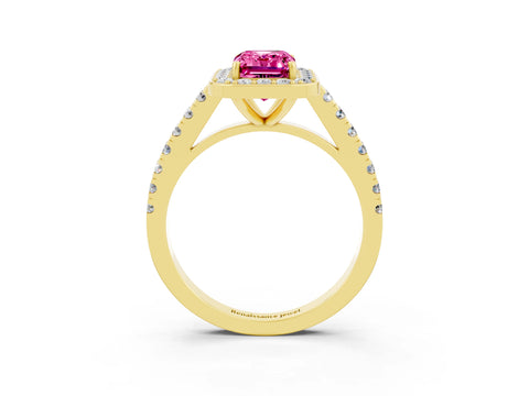 Yellow gold Emerald Cut Halo Diamond Ring with Pavé Band and Three-Prong Setting_3