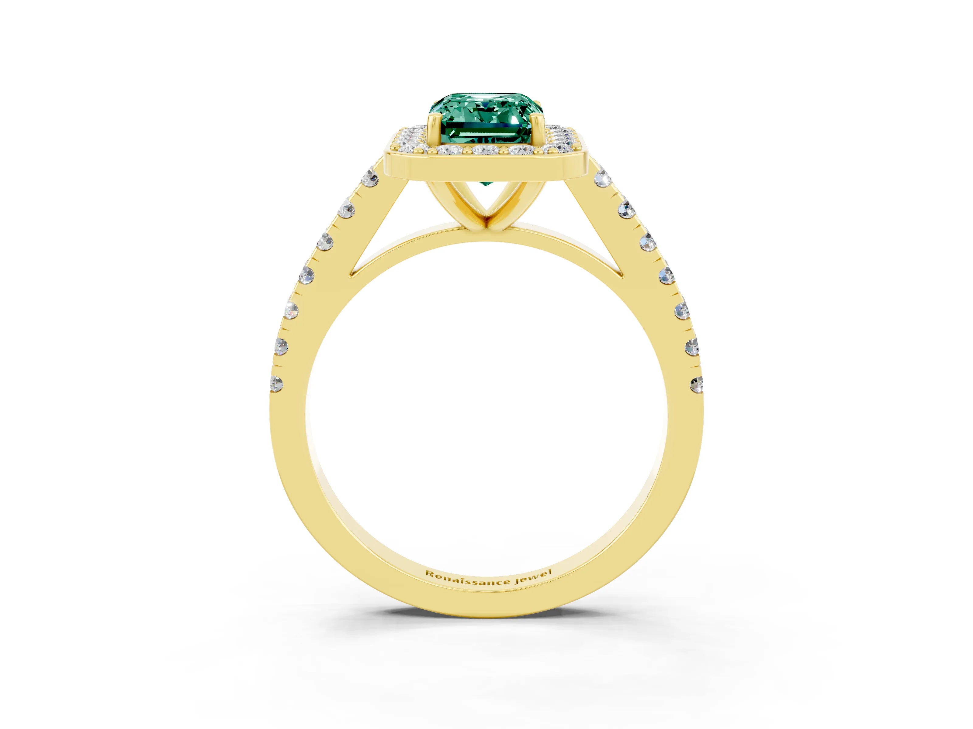 Yellow gold Emerald Cut Halo Diamond Ring with Pavé Band and Three-Prong Setting_3