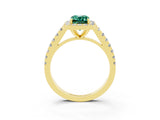 Yellow gold Emerald Cut Halo Diamond Ring with Pavé Band and Three-Prong Setting_3