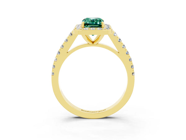 Yellow gold Emerald Cut Green Sapphire Halo Ring with Round Pavé Split Shank and Prong Setting