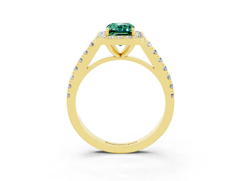 Yellow gold Emerald Cut Halo Diamond Ring with Pavé Band and Three-Prong Setting_3