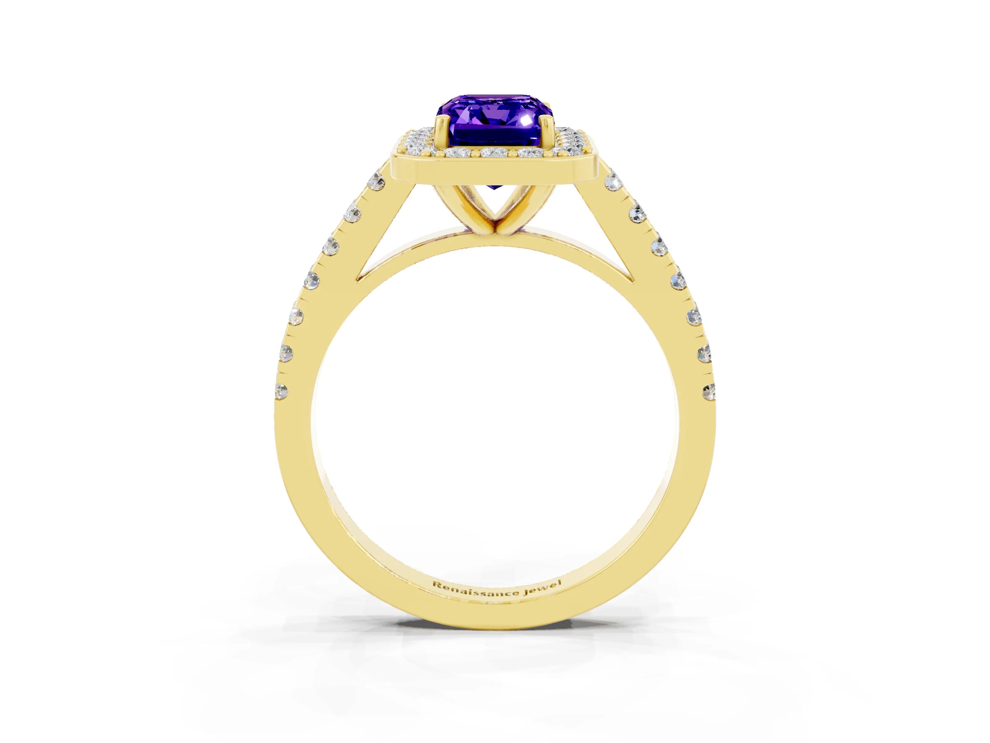 Yellow gold Emerald Cut Halo Diamond Ring with Pavé Band and Three-Prong Setting_3