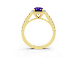 Yellow gold Emerald Cut Halo Diamond Ring with Pavé Band and Three-Prong Setting_3