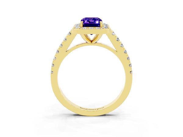 Yellow gold Emerald Cut Tanzanite Halo Ring with Round Pavé Split Shank and Prong Setting