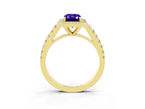 Yellow gold Emerald Cut Halo Diamond Ring with Pavé Band and Three-Prong Setting_3