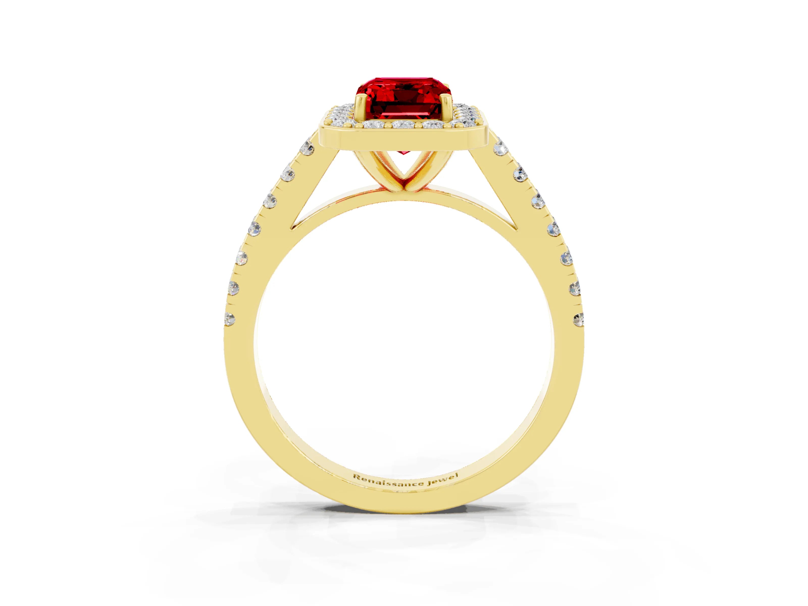 Yellow gold Emerald Cut Halo Diamond Ring with Pavé Band and Three-Prong Setting_3