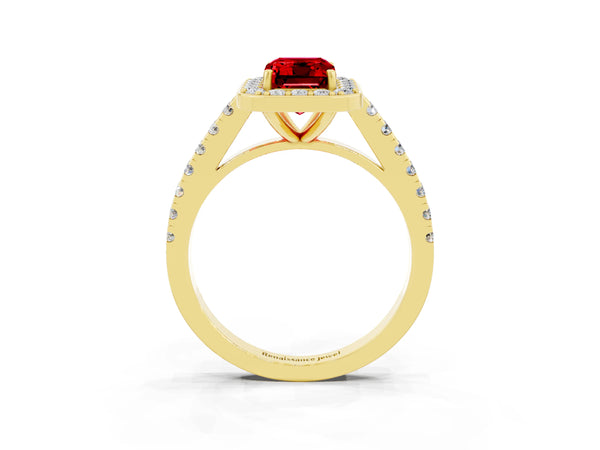 Yellow gold Emerald Cut Ruby Halo Ring with Round Pavé Split Shank and Prong Setting