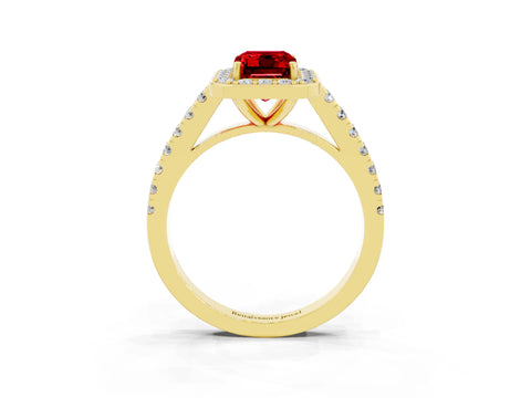 Yellow gold Emerald Cut Halo Diamond Ring with Pavé Band and Three-Prong Setting_3