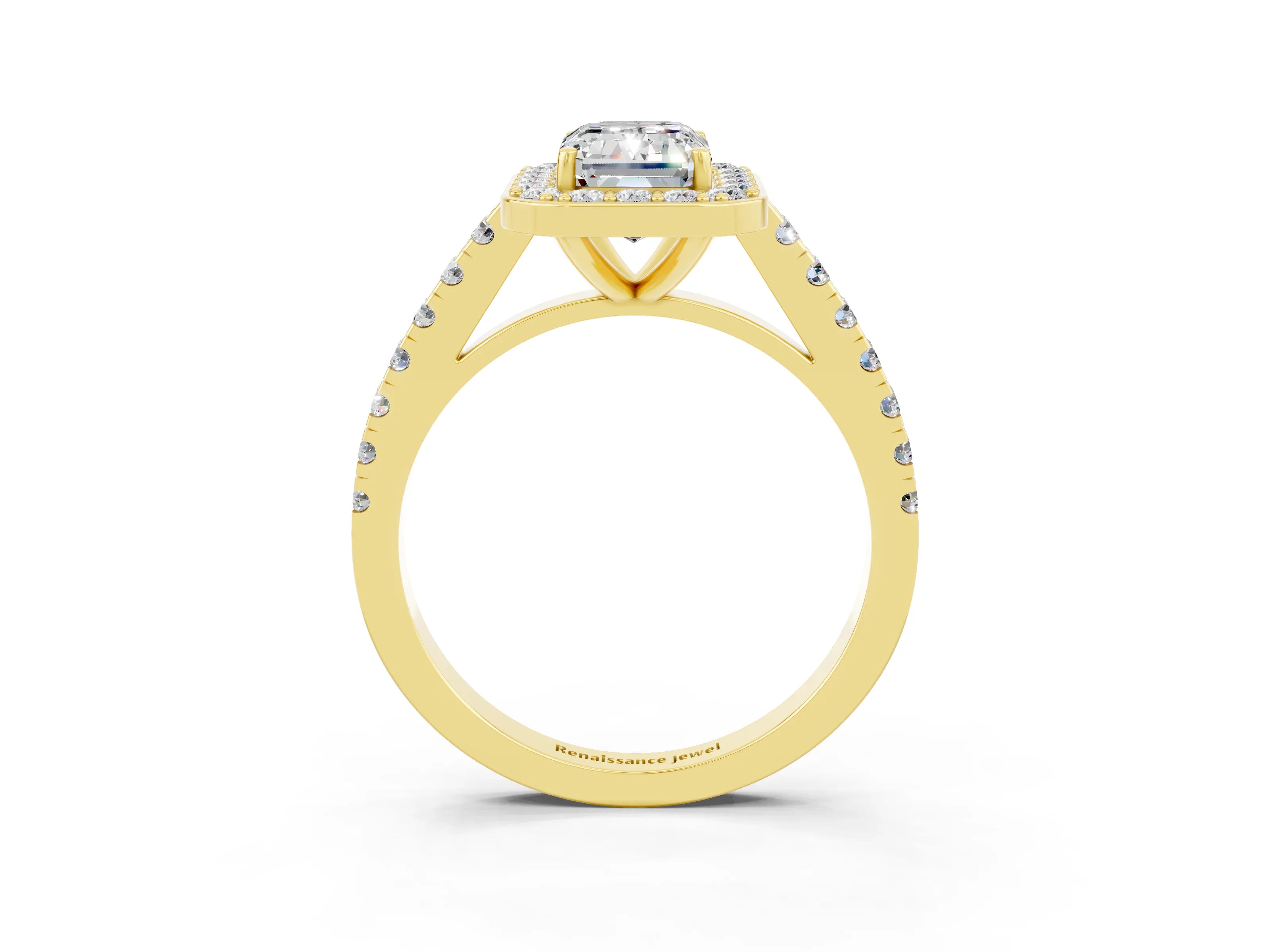 Yellow gold Emerald Cut Halo Diamond Ring with Pavé Band and Three-Prong Setting_3