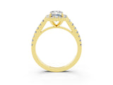 Yellow gold Emerald Cut Halo Diamond Ring with Pavé Band and Three-Prong Setting_3
