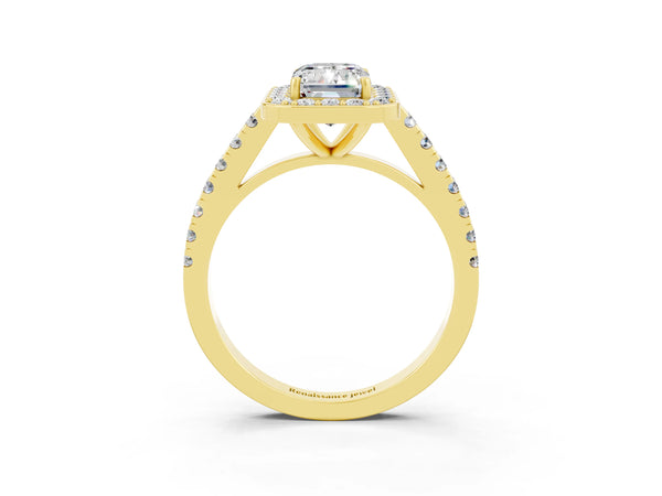 Yellow gold Emerald Cut Moissanite Halo Ring with Round Pavé Split Shank and Prong Setting
