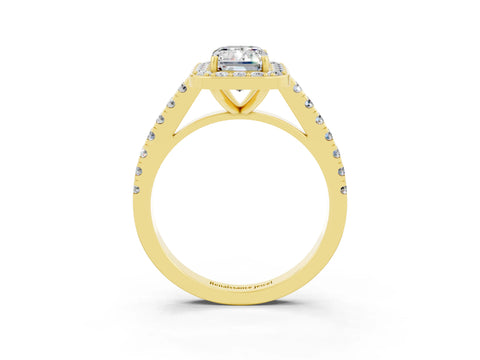 Yellow gold Emerald Cut Halo Diamond Ring with Pavé Band and Three-Prong Setting_3