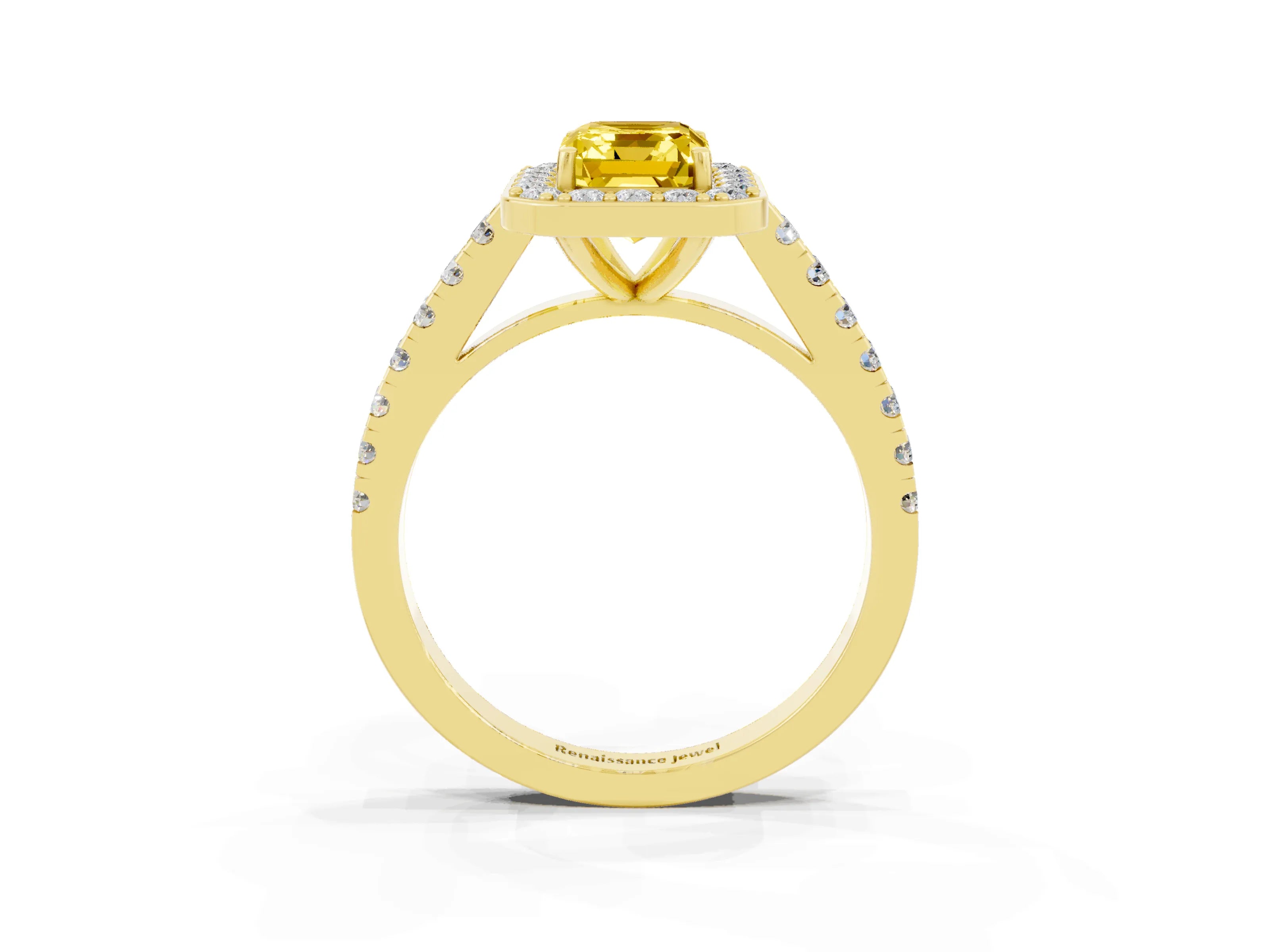 Yellow gold Emerald Cut Halo Diamond Ring with Pavé Band and Three-Prong Setting_3
