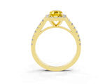 Yellow gold Emerald Cut Halo Diamond Ring with Pavé Band and Three-Prong Setting_3