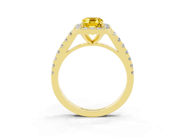 Yellow gold Emerald Cut Yellow Sapphire Halo Ring with Round Pavé Split Shank and Prong Setting