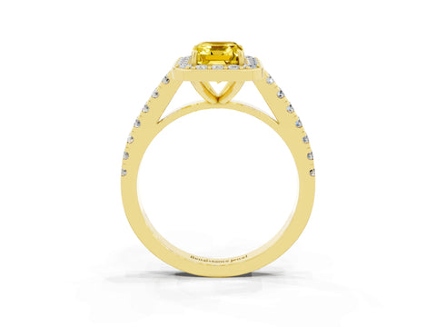 Yellow gold Emerald Cut Halo Diamond Ring with Pavé Band and Three-Prong Setting_3