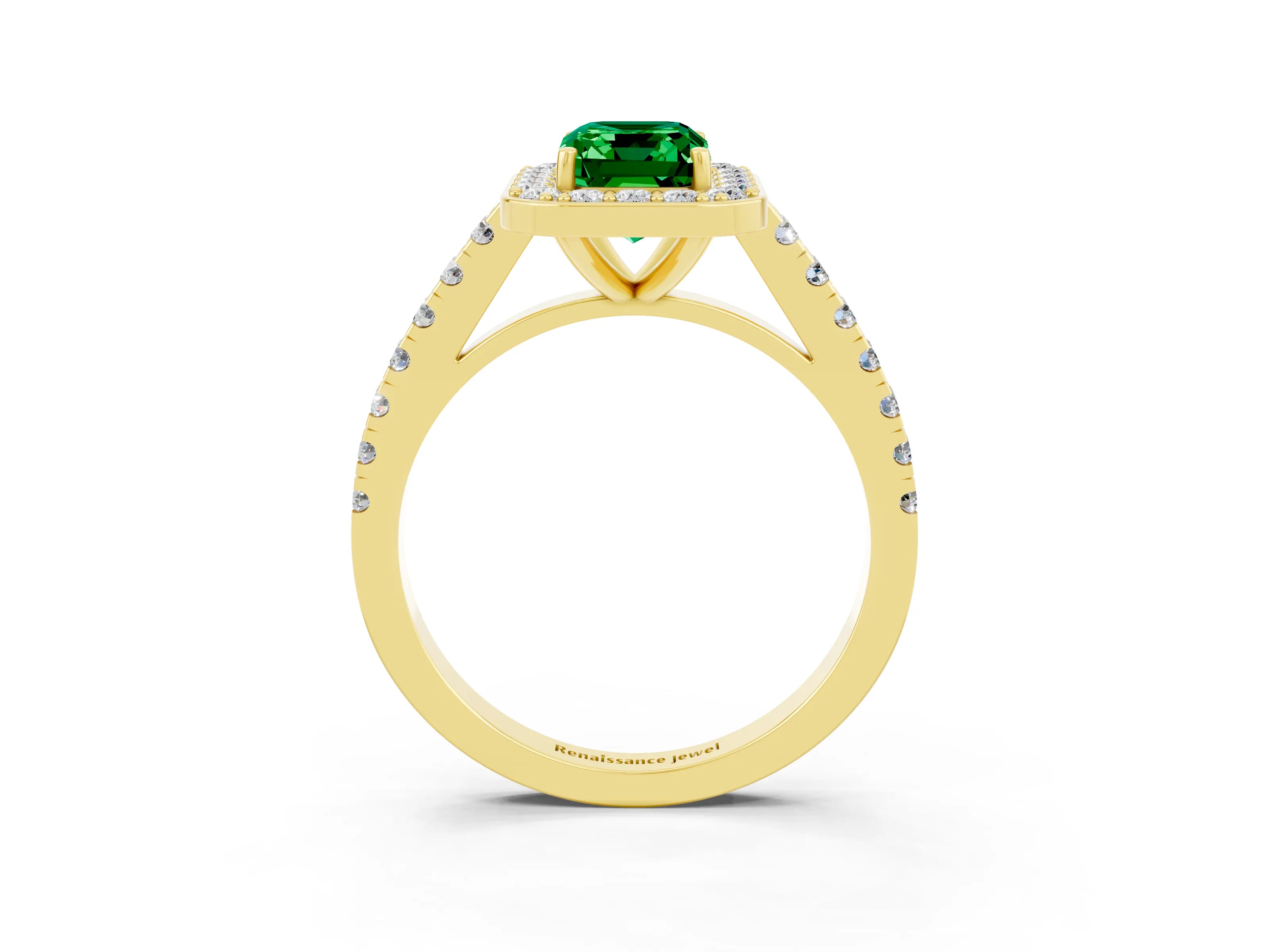 Yellow gold Emerald Cut Halo Diamond Ring with Pavé Band and Three-Prong Setting_3
