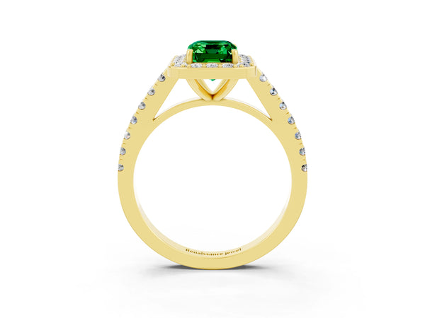 Yellow gold Emerald Cut Emerald Halo Ring with Round Pavé Split Shank and Prong Setting