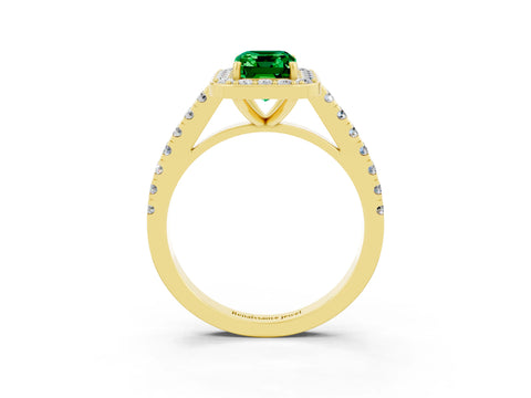 Yellow gold Emerald Cut Halo Diamond Ring with Pavé Band and Three-Prong Setting_3