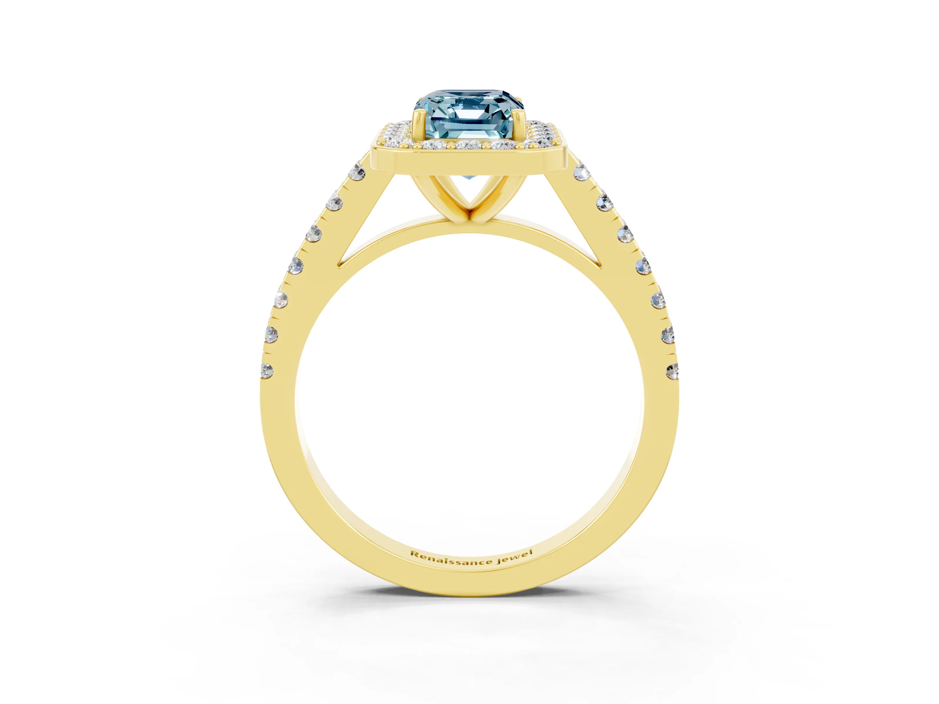 Yellow gold Emerald Cut Halo Diamond Ring with Pavé Band and Three-Prong Setting_3