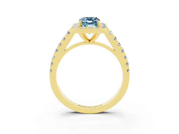 Yellow gold Emerald Cut Aquamarine Halo Ring with Round Pavé Split Shank and Prong Setting
